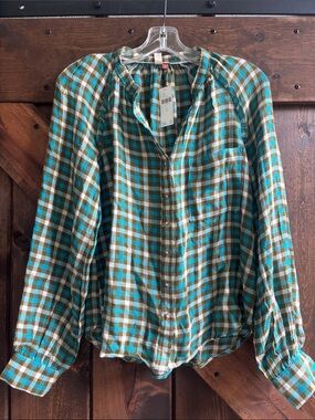 Anthropologie Plaid Button-Down in Teal, Brown & White